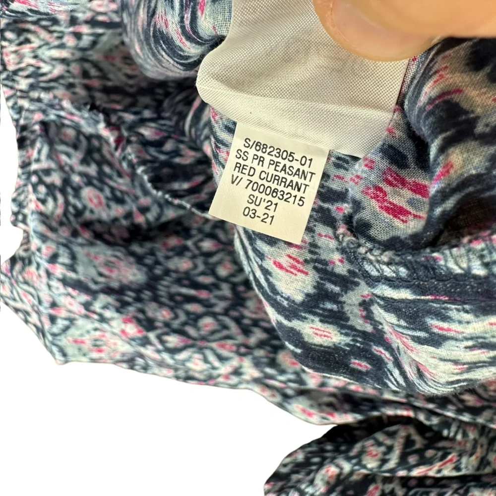 Banana Republic Navy Blue Ikat Print Tie-Neck Blouse with Pink Accents